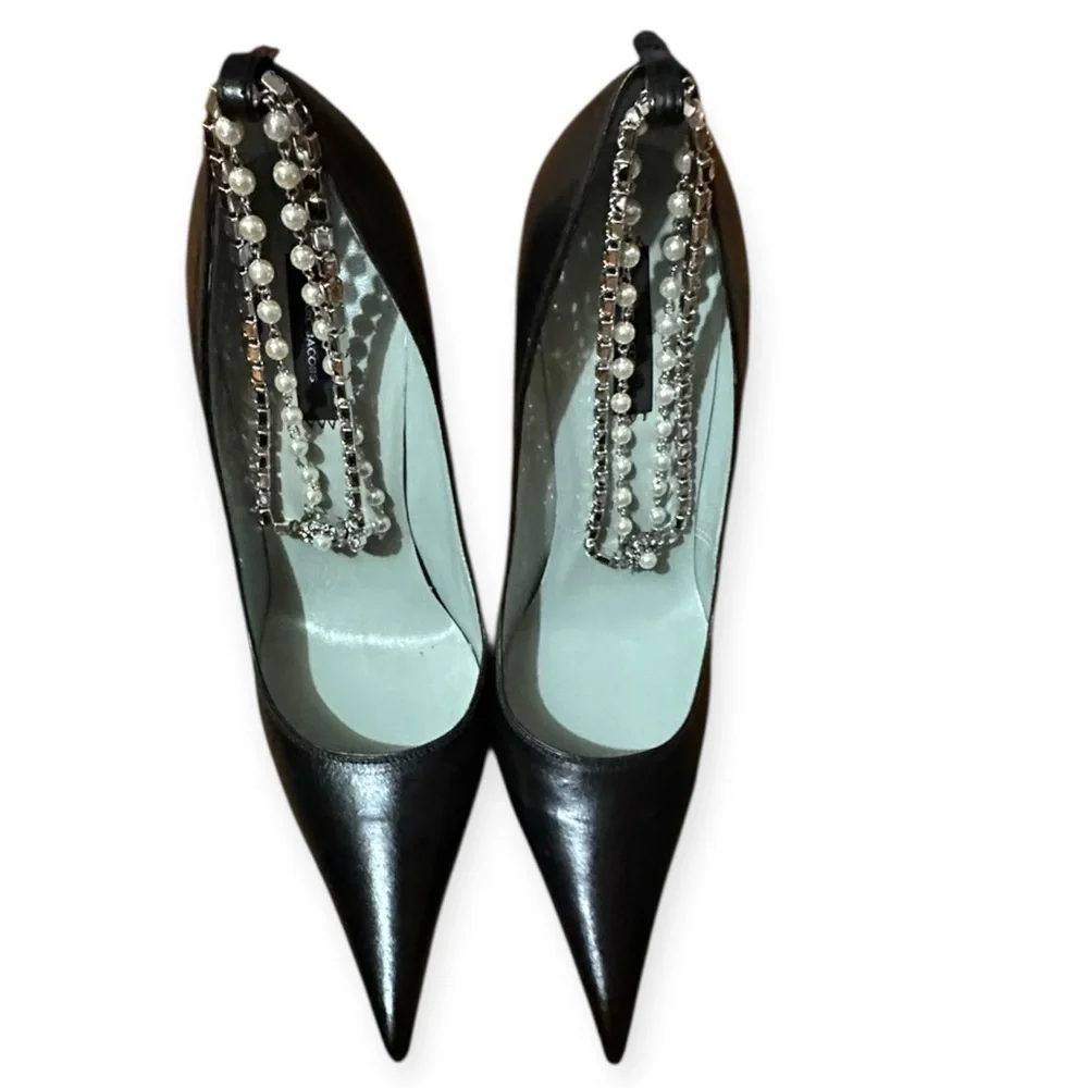 NWT Marc Jacobs Black Pointed-Toe Slingback Heels W/Crystal Embellished Strap, 8